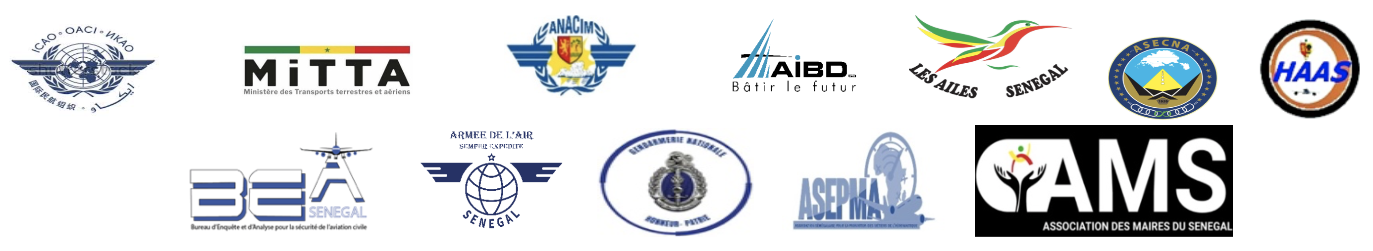 Logos des partenaires du Tour Aérien du Sénégal : ANACIM, MITTA, AIBD, Les Ailes du Sénégal, ASECNA, HAAS, BEA, Armée de l'Air, Gendarmerie Nationale, ASEPMA, AMS et OACI
